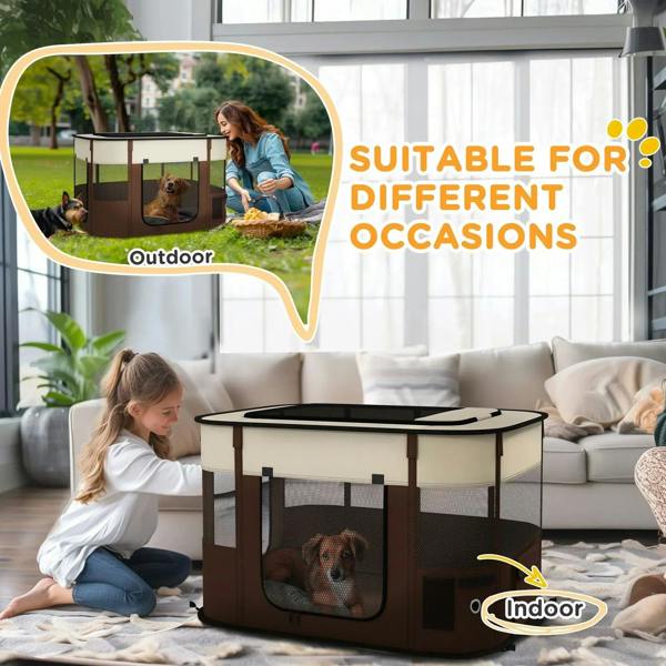 Brown foldable dog playpen with mesh panels and zippered door openings for home use