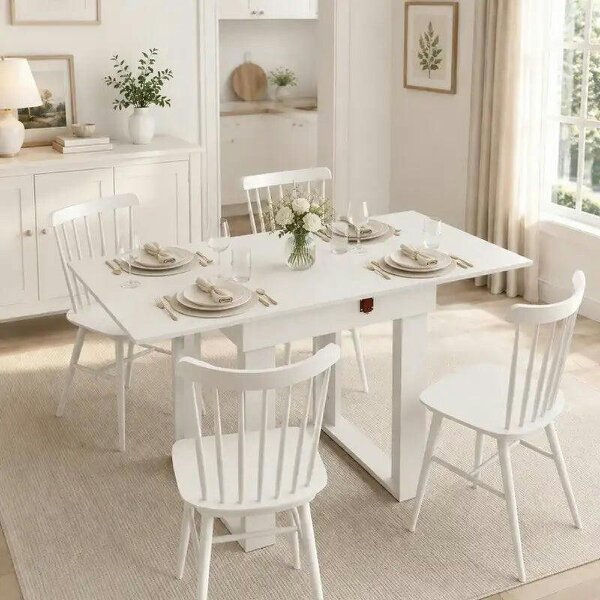 Folding Dining Table Under-Table Storage Extendable Kitchen Table Steel Rail White - White