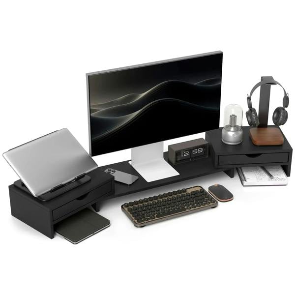 Black dual monitor stand riser with two drawers and keyboard/storage tray
