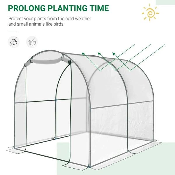 Walk-in polytunnel greenhouse with clear PVC cover and zipped front door opening