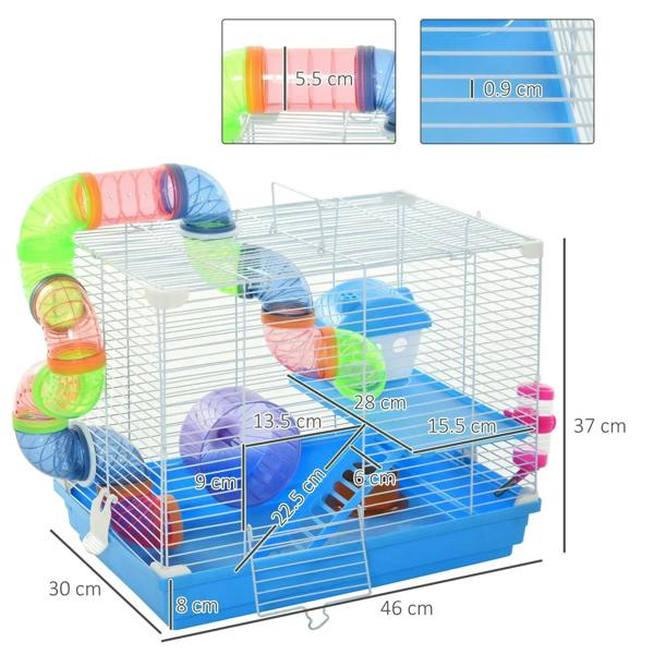 Front view of blue 2-tier wire hamster cage with blue wheel, tubes, and ladder