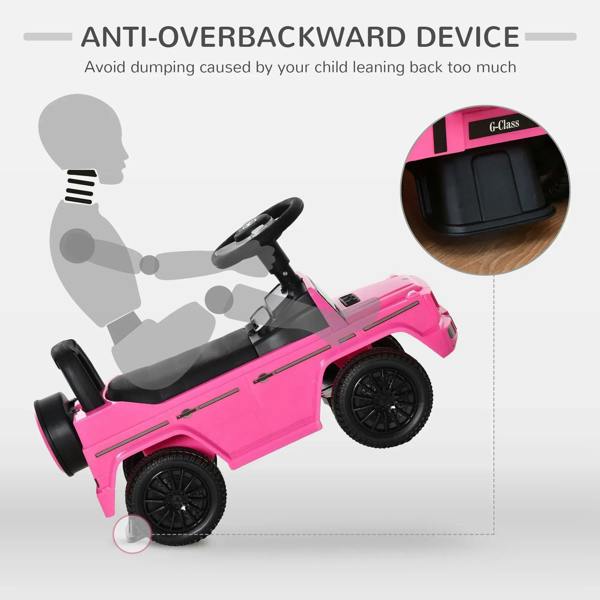 Pink ride-on car with anti-overbackward support and black wheels, side angle.