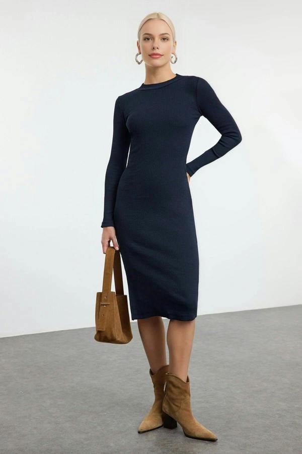 WOVCOR Crew Neck Midi Ribbed Stretch Knit Pencil Dress with Slit