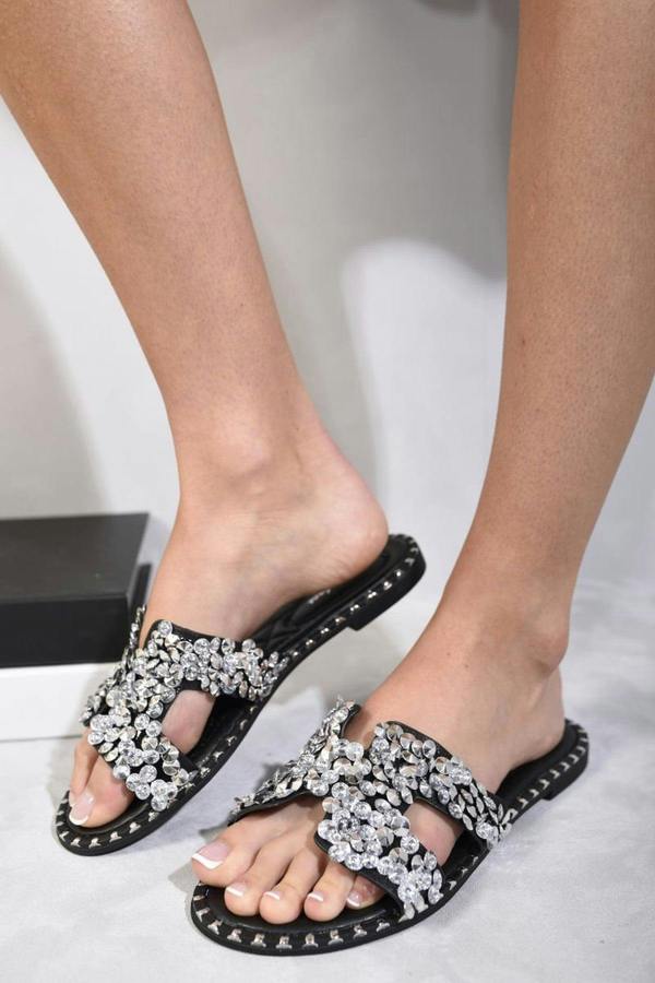 Desiree Embellished Open Toe Flat Sandals - Black
