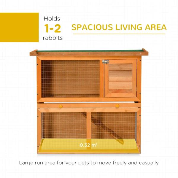 Two-tier wooden rabbit hutch with green roof and wire mesh walls, open front access