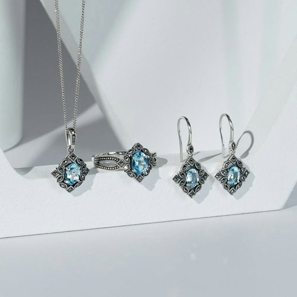 Gemondo Art Deco Style Oval Blue Topaz & Marcasite Ring in Sterling Silver