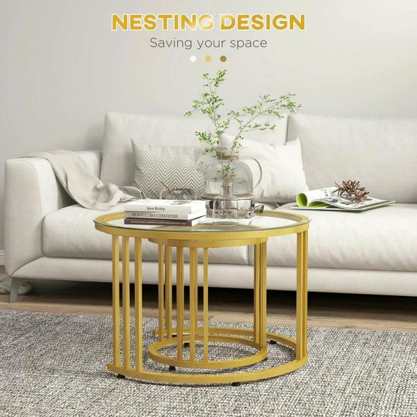 Gold round nesting coffee table set of 2 with tempered glass top and steel base