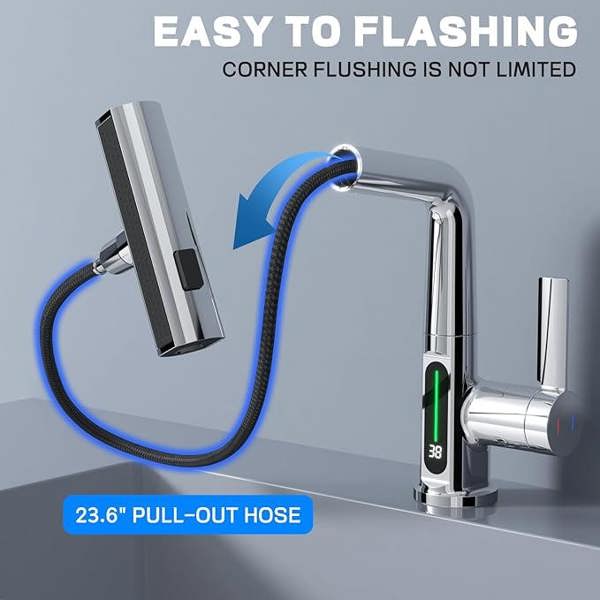 ENER-J Modern Single Hole Basin Faucet with Waterfall, Pull Out Sprayer and LED Temperature Display, Chrome Silver