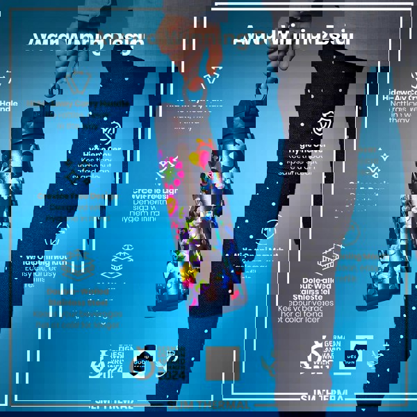 A person holds a double-walled stainless steel water bottle with a floral design; it features a hide-away handle and a wide mouth for easy cleaning. The bottle is advertised as an award-winning design.