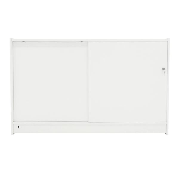 LED Retail Shop Counter K1500 in sleek white finish, featuring smooth surfaces, sliding doors, and a modern design ideal for retail spaces