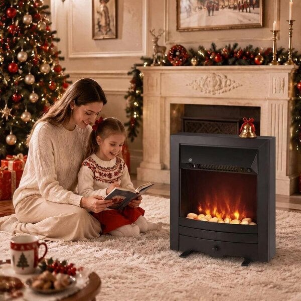 Electric Fireplace Stove Freestanding/Inset, 2000W, Electric Fire with LED Flame, Pebbles, Adjustable Thermostat, Black
