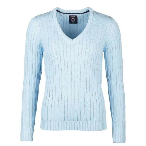 Soft Blue Rydale Emma V Neck cable knit jumper for ladies