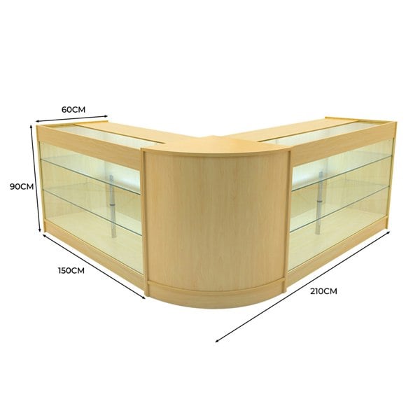 Maple Helios LED shop counter set featuring a sleek, curved design with glass display shelves, measuring 60x150x90 cm