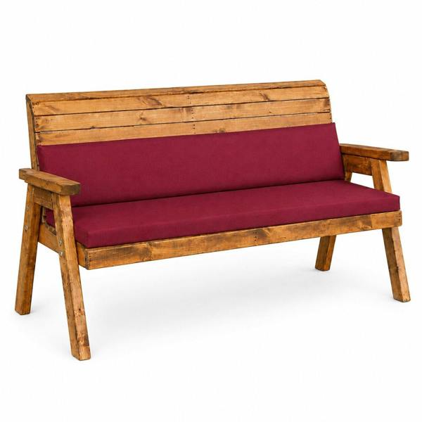 Samuel Alexander Hand Made 3 Seater Chunky Rustic Wooden Garden Bench & Waterproof Burgundy Cushions