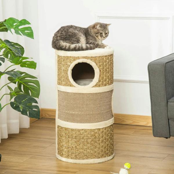 Khaki cat scratching barrel tower with plush top and circular side doorway