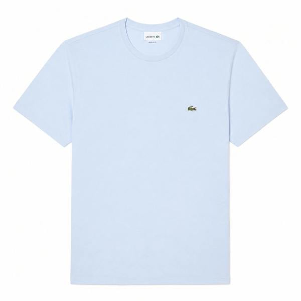 Lacoste pastel blue cotton pima crew neck t-shirt with embroidered crocodile logo.