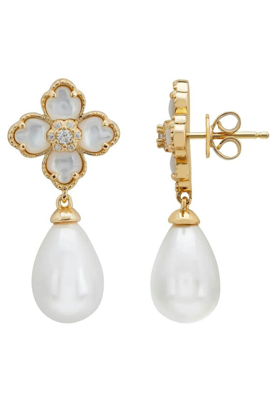 Latelita Flower Clover Pearl Drop Earrings Mother Of Pearl Gold