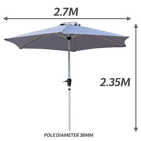 GlamHaus Tilting Garden Parasol Table Umbrella 2.7M with Crank Handle, UV40 Protection, Free Protection Cover - Light Grey