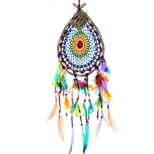 Teardrop dream catcher with multicolor crochet ring and bright feather fringe in rainbow tones.