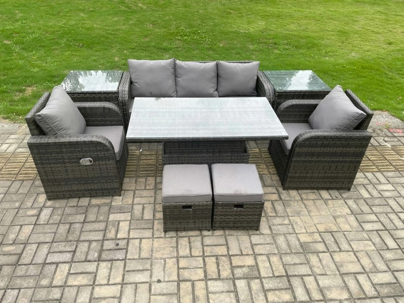 Fimous Outdoor Rattan Furniture Garden Dining Sets Height Adjustable Rising lifting Table Sofa Set With Chairs Side Tables 2 Small Footstools