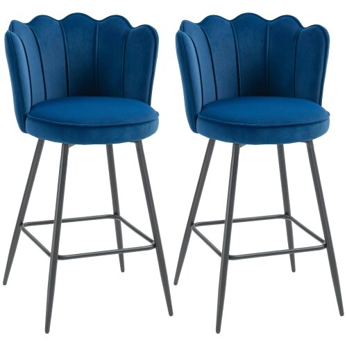 Wyld Haus Yovafi Set Of 2 Dark Blue Velvet Upholstered Lotus Style Bar Stools