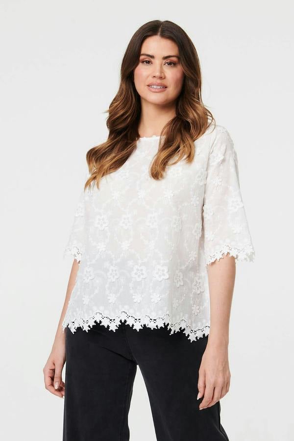 White | Floral Embroidered Lace 1/2 Sleeve Top