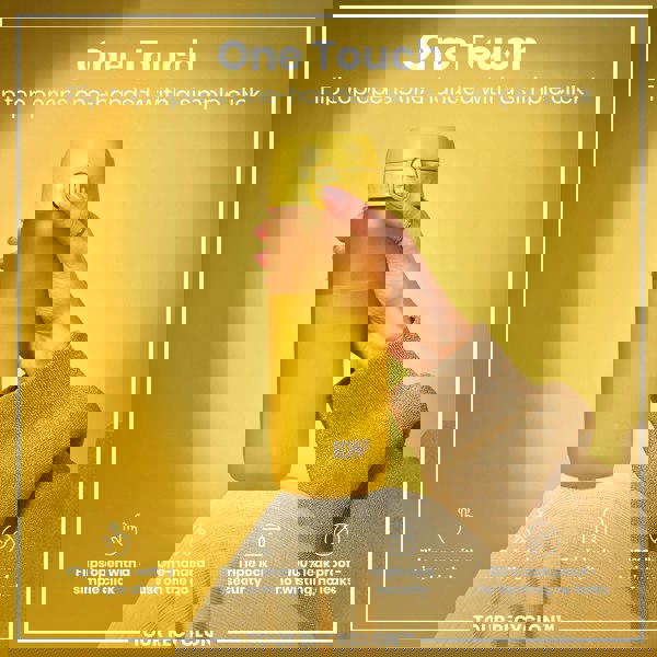 A yellow water bottle is being held; its flip top opens with a single click. It features one-handed operation, triple-lock security, and is 100% leakproof. The bottle is shown against a yellow background.