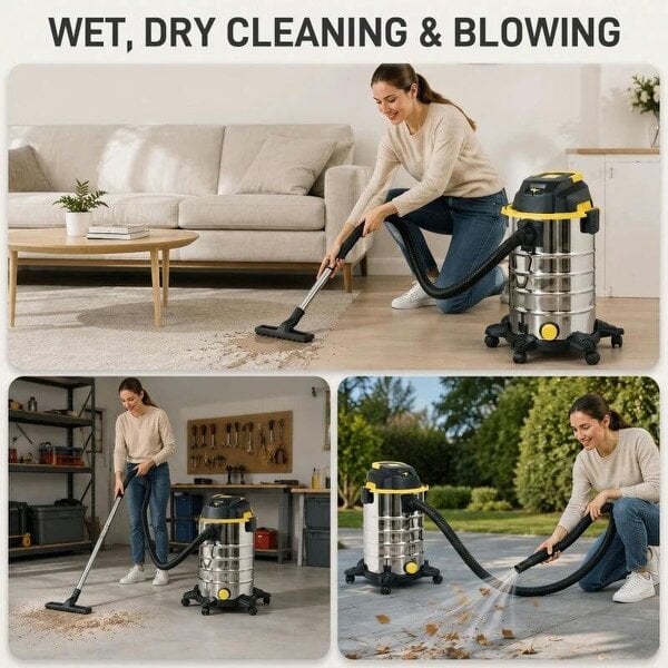 1400W Vacuum Cleaner, 3-in-1 Wet and Dry Vacuum Cleaner with Blowing Mode and 30L Stainless Steel Tank, Yellow