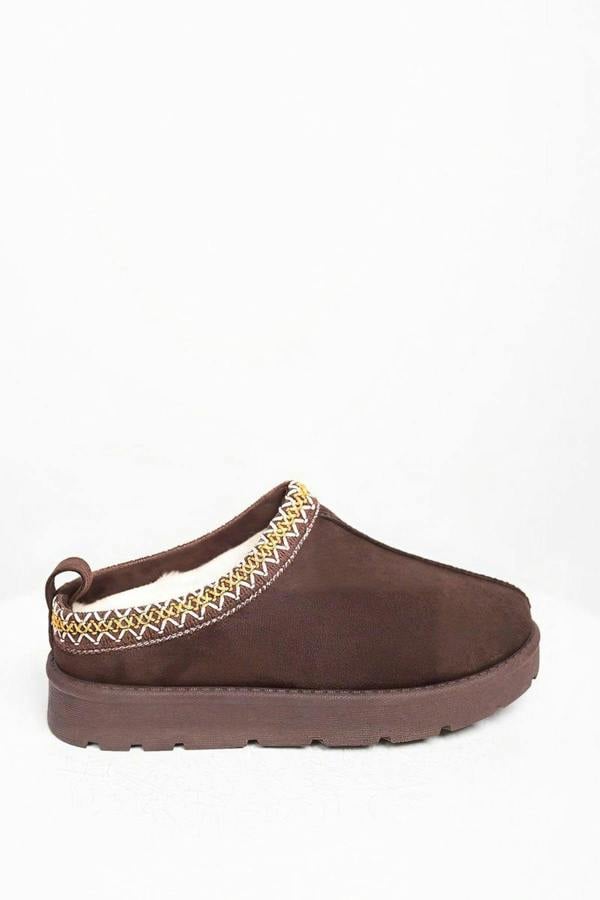 Ravina Chunky Slip On Suede Slippers With Stitch Detail - Brown