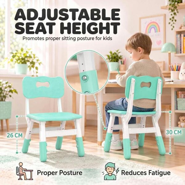 2 PCS Kids Desk Chairs, 3 Level Height Adjustable Children's Chairs with Backrest for 1.5-8 Years, Max Load 50KG, Green