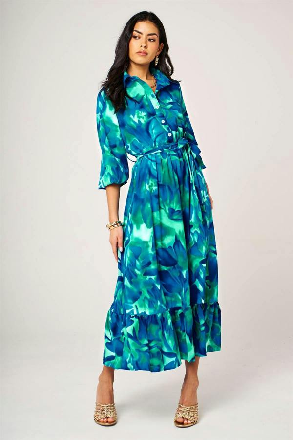 FS Collection Abstract Floral Print Hem Detail Shirt Midi Dress With Tie Waist In Blue