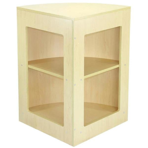 Corner display unit with a light maple finish, featuring two open shelves and clear acrylic panels for visibility and style