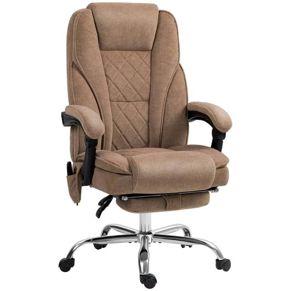 Brown heated reclining office chair with cushioned back, armrests, and footrest
