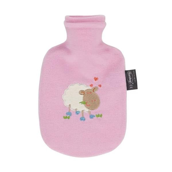 Pink Fashy 0.8L hot water bottle with sheep fleece cover