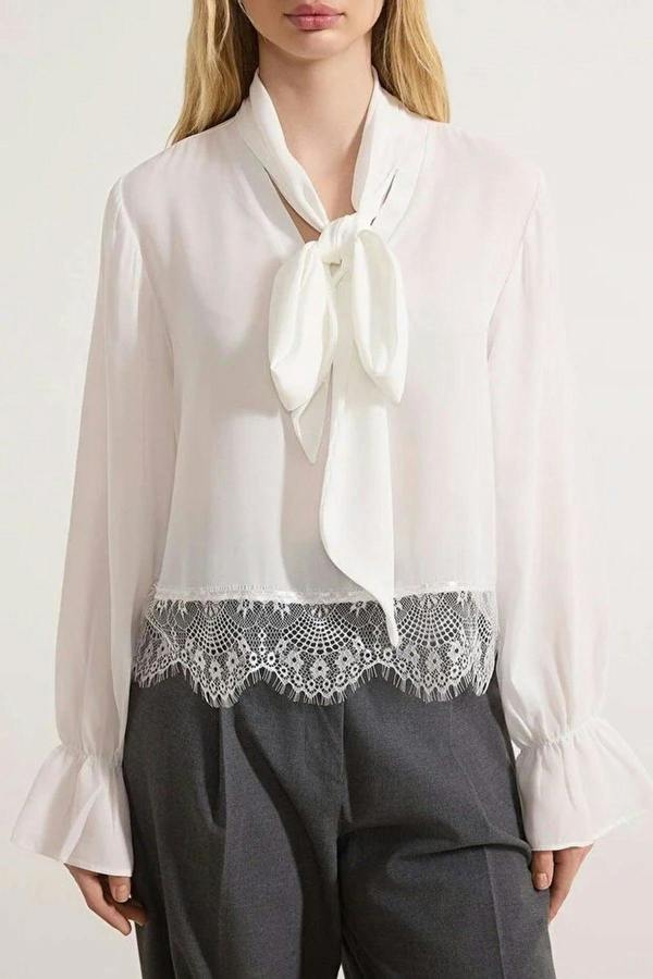 WOVCOR Scarf Neck Lace Detail Long Sleeve Woven Blouse