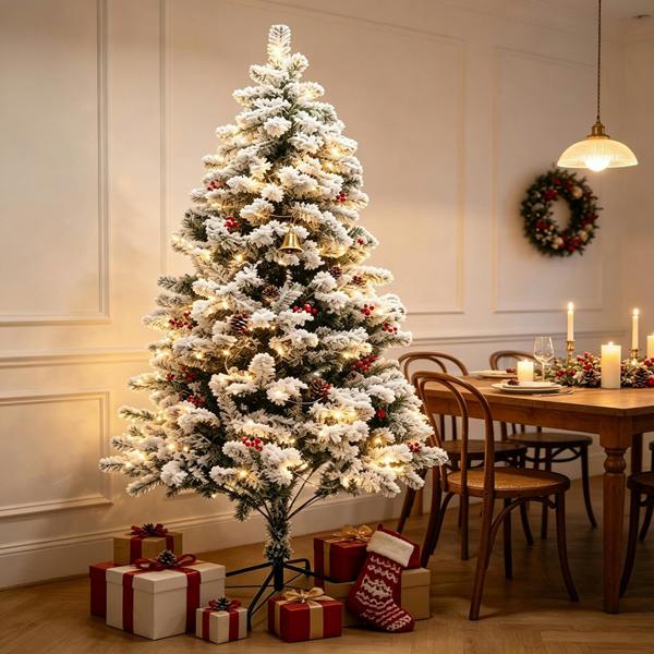 Gr8 Home 7ft Snow Flocked Prelit Artificial Christmas Tree 300 Warm White LED Lights Xmas
