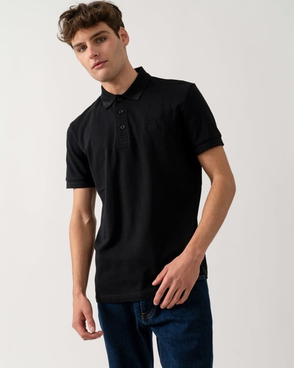 BOSS Green Paddy Mens Cotton-Piqué Polo Shirt with Contrast Logo - Black 009