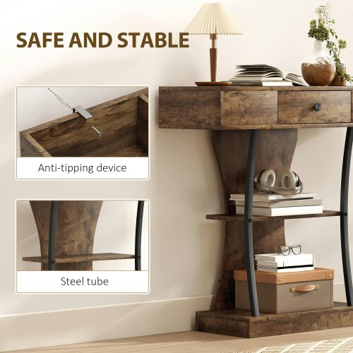 Wyld Haus Rasana Metal And Wooden Rustic Brown 3 Tier Console Table With Drawer And Shelves