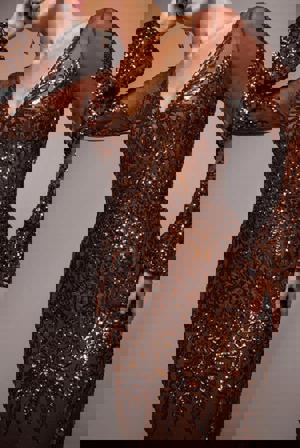 Embellished Sequin Bishop Sleeve Maxi Dress - Bronze DR4634