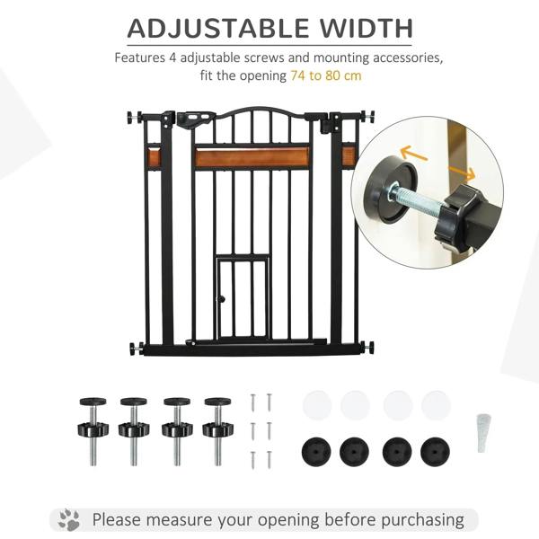 Black pet safety gate with adjustable width hardware, mounting accessories for 74–80 cm openings