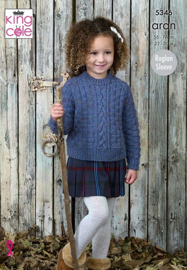 King Cole Fashion Aran Knitting Pattern 5346, Sweaters, Slipovers for Kids, 22 - 30 Inches