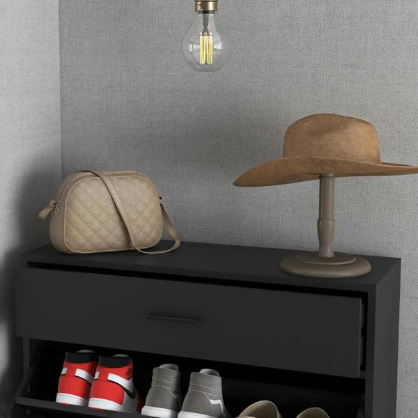 Black shoe cabinet with top drawer and open shelf for shoes