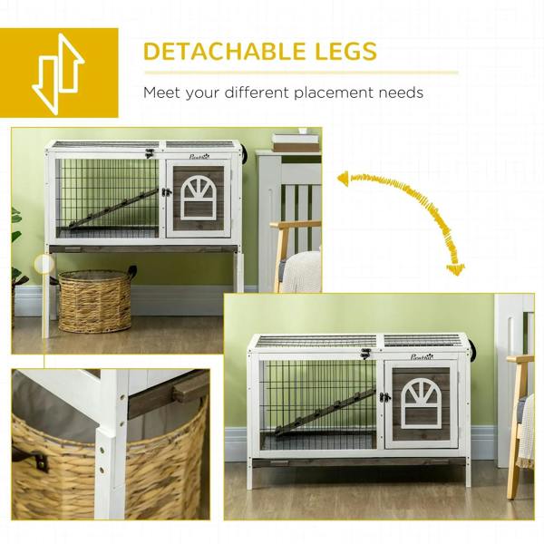 White rabbit hutch with detachable legs and front door on wire frame