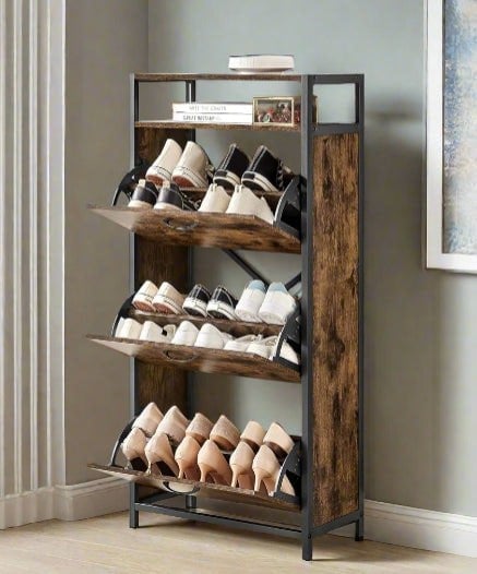 Slim rustic brown and black industrial shoe cabinet with 3 fold-out doors

