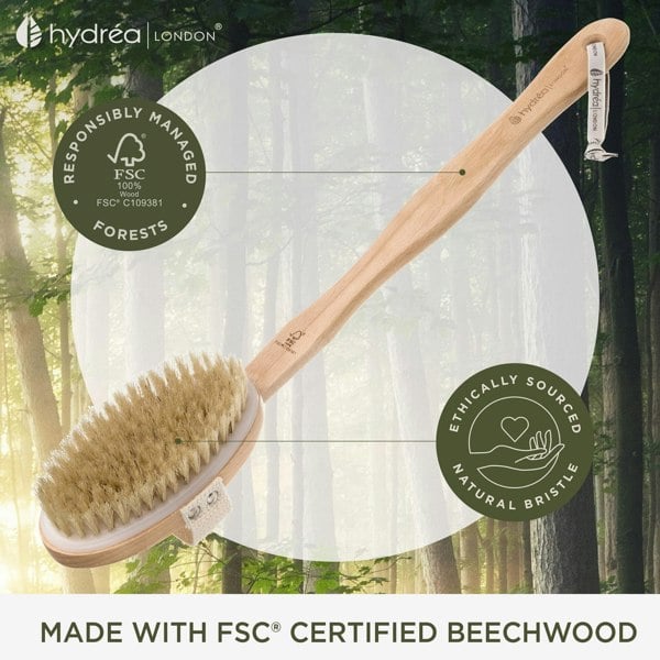 Hydréa London Durable Body Brush with Water-Protective Plastic Plate - Natural Bristle & Long Detachable Handle, FSC® Certified Beechwood