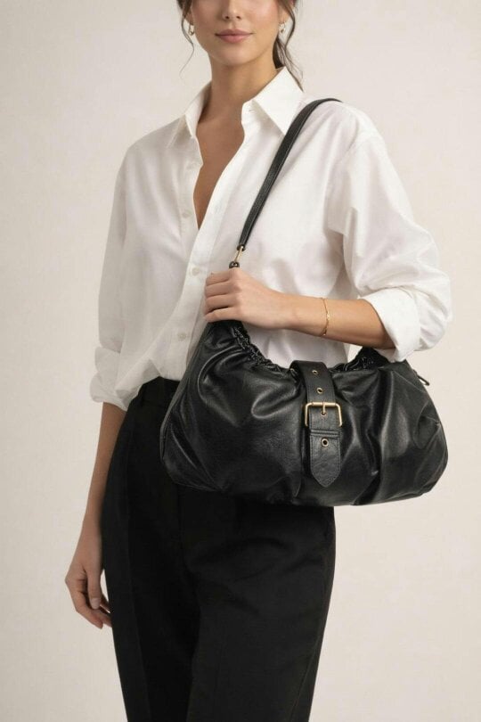SVNX Buckle Gathered Shoulder Bag in Black