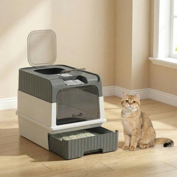 Enclosed Cat Litter Box with Lid, Pull-Out Drawer Tray, Scoop, 2 Deodorisation Bags, Front Entry & Top Exit, Grey