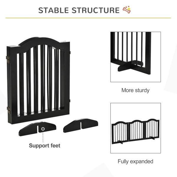 Black foldable pet gate with stable support feet and arched top bars, shown unfolded