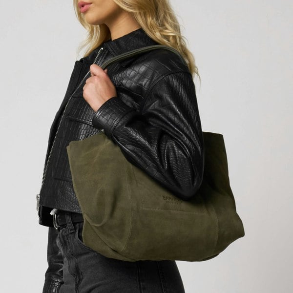 Barneys Originals Khaki Green Real Cow Suede Everyday Tote Bag