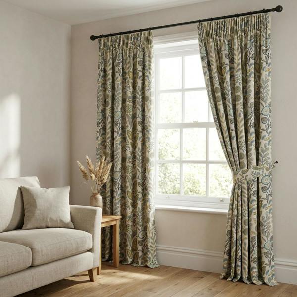 Anna made-to-measure curtains in Jade, styled in a living room
